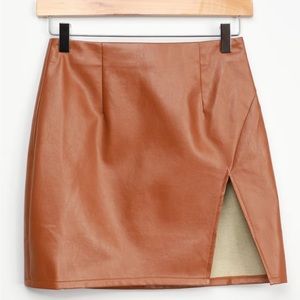 Camel Vegan Leather Mini Skirt